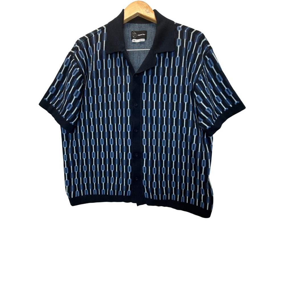 Original Use Mens XL Geometric Knit Button Down Shirt Navy Blue Short Sleeve